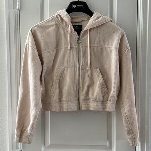 Hollister Womens Hooded Cropped Zip-Up Jacket M Beige & White
